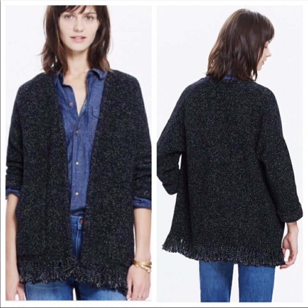 Madewell Memento Fringe Open Front Cotton Knit Black Cardigan Sweater, Medium